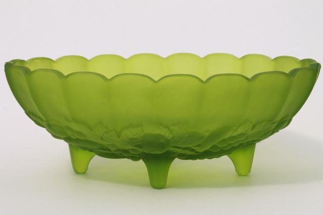 photo of lime green mist satin glass oval bowl, Indiana garland harvest fruit pattern glass #1