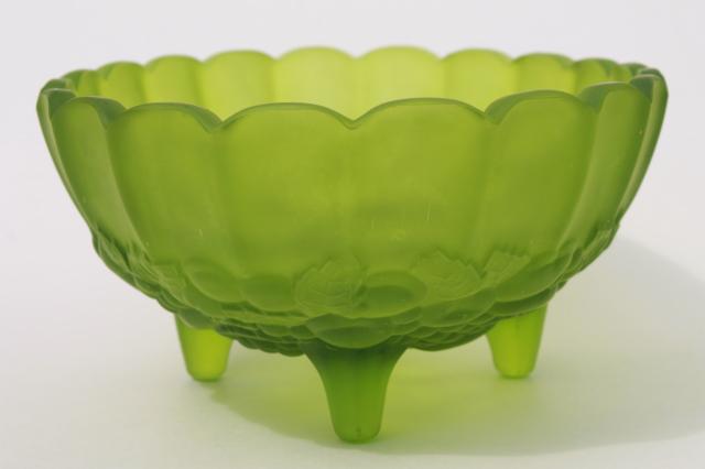 photo of lime green mist satin glass oval bowl, Indiana garland harvest fruit pattern glass #2