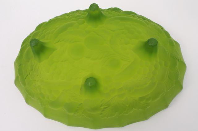 photo of lime green mist satin glass oval bowl, Indiana garland harvest fruit pattern glass #4