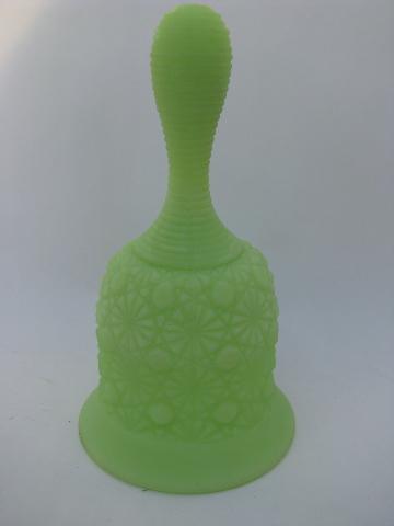 photo of lime green satin glass, vintage Fenton daisy & button bell #1