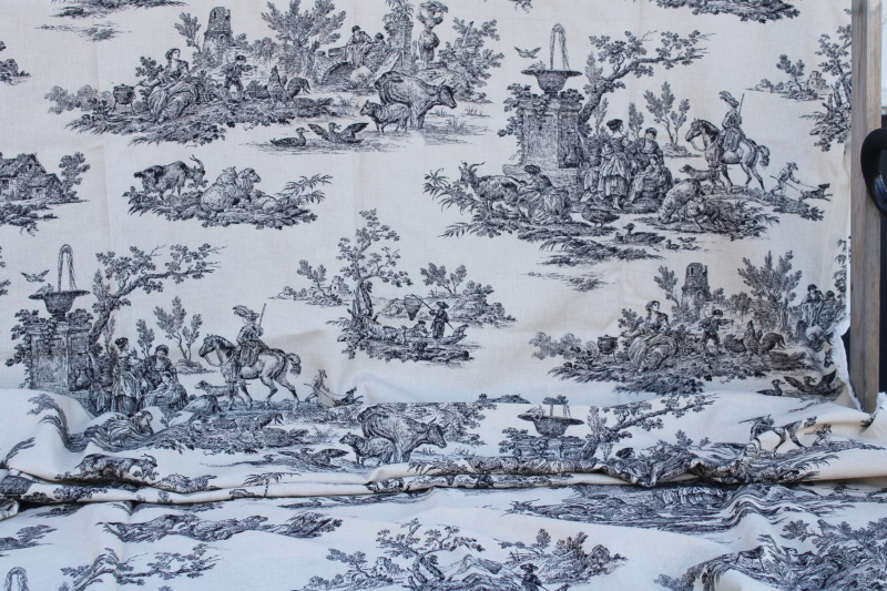 photo of linen weave cotton blend decorator fabric, black toile print on flax french country style #1