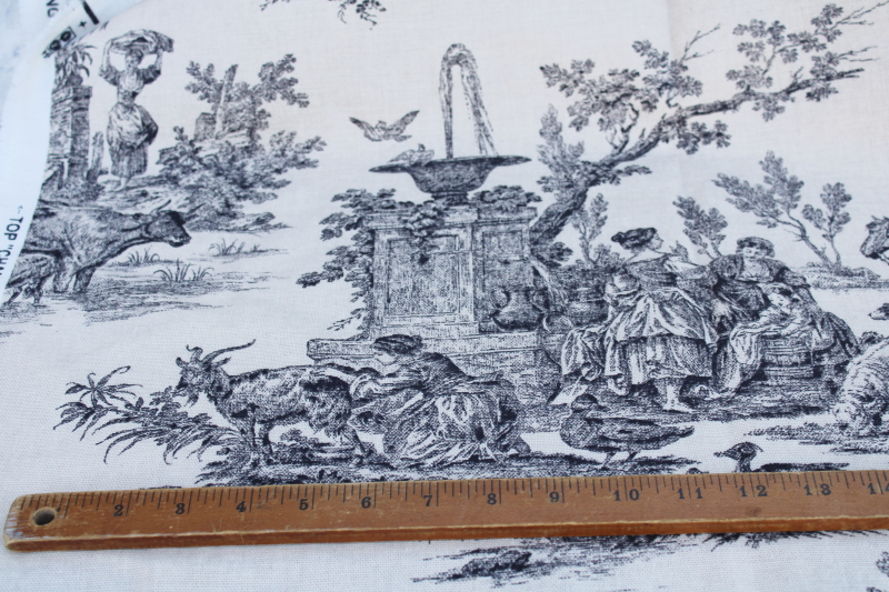 photo of linen weave cotton blend decorator fabric, black toile print on flax french country style #6