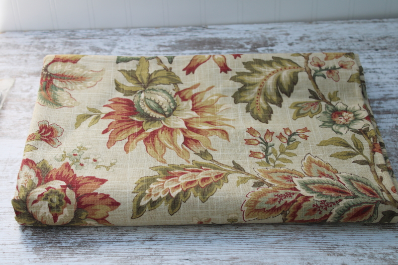 photo of linen weave upholstery home decor fabric w/ jacobean style floral, discontinued Raymond Waites print Mill Creek #1