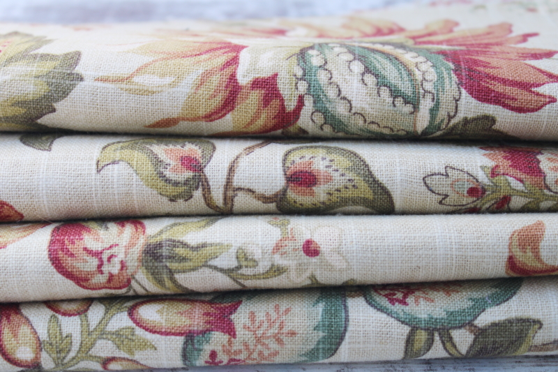 photo of linen weave upholstery home decor fabric w/ jacobean style floral, discontinued Raymond Waites print Mill Creek #5