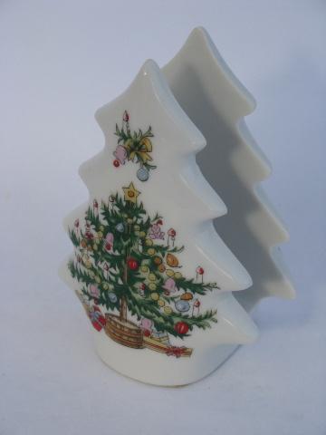 photo of little Christmas tree napkin holder, vintage hand-painted china, Lefton label #1