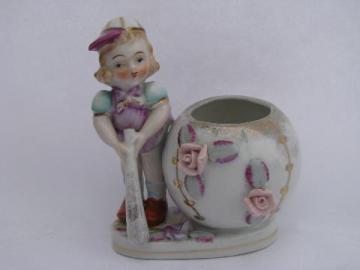 catalog photo of little girl baseball player, old hand-painted china planter, vintage Japan