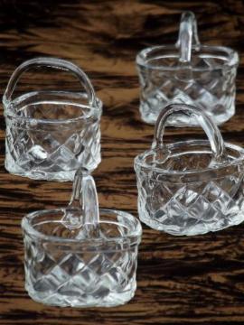 catalog photo of little glass basket nut dishes, set of four tiny glass flower baskets