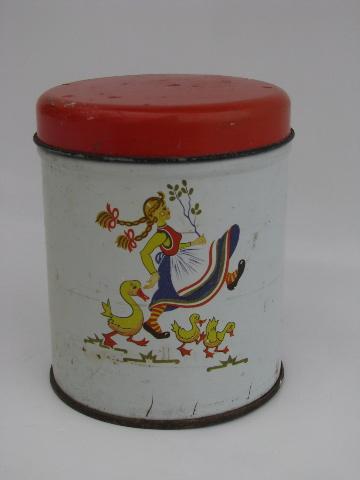 photo of little goose girl litho print kitchen canister tin, 1940s 50s vintage #1