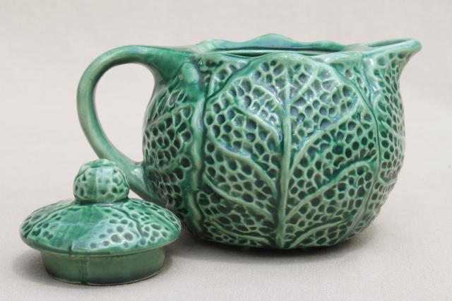 photo of little green cabbage leaf teapot, vintage majolica pottery tea pot, bordallo pinheiro style #3