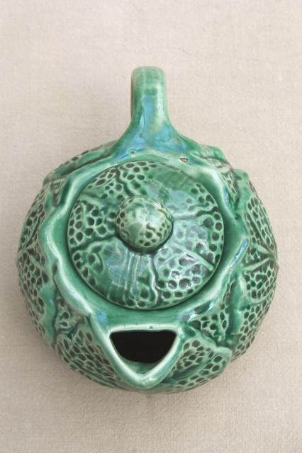 photo of little green cabbage leaf teapot, vintage majolica pottery tea pot, bordallo pinheiro style #5