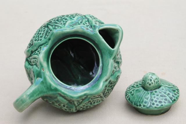 photo of little green cabbage leaf teapot, vintage majolica pottery tea pot, bordallo pinheiro style #6