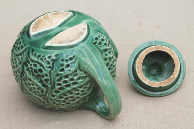 photo of little green cabbage leaf teapot, vintage majolica pottery tea pot, bordallo pinheiro style #7