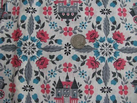 photo of little houses, vintage 1940's-50's cotton print fabric #1