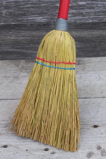 photo of little old corn broom w/ red wood handle, working toy for clean up or play in child's size kitchen #2