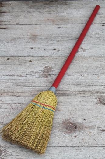 photo of little old corn broom w/ red wood handle, working toy for clean up or play in child's size kitchen #3