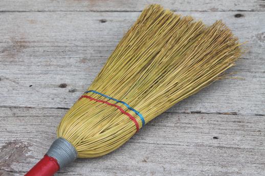 photo of little old corn broom w/ red wood handle, working toy for clean up or play in child's size kitchen #5