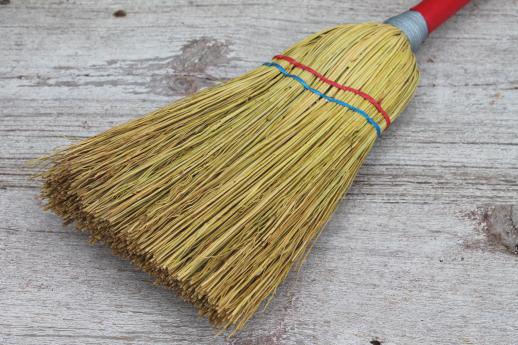 photo of little old corn broom w/ red wood handle, working toy for clean up or play in child's size kitchen #6