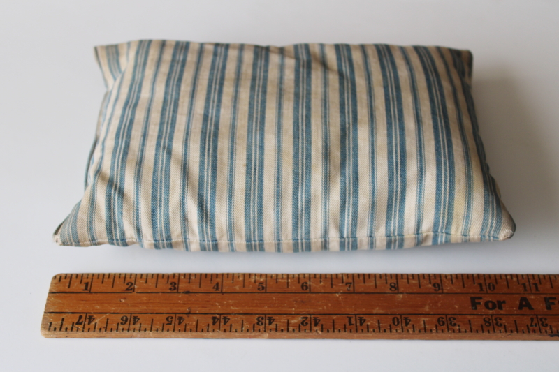 photo of little old feather pillow, wide stripe vintage cotton ticking in browned natural color w/ blue  #2