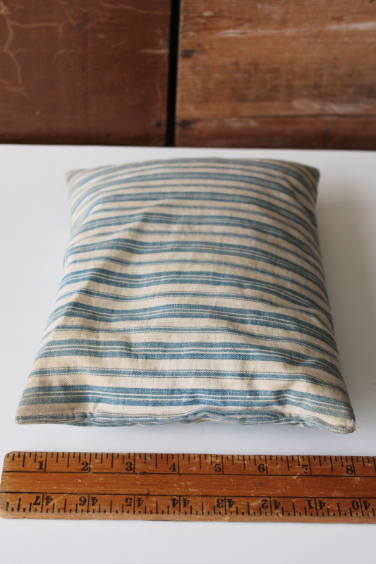 photo of little old feather pillow, wide stripe vintage cotton ticking in browned natural color w/ blue  #3