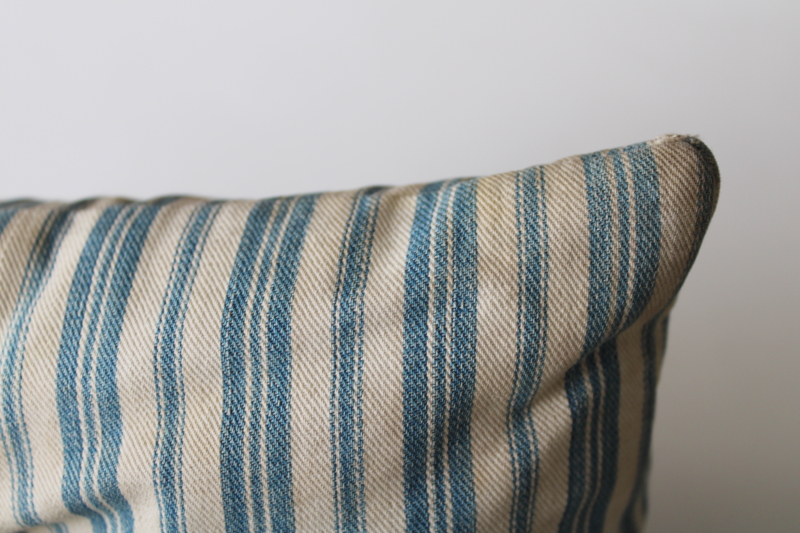 photo of little old feather pillow, wide stripe vintage cotton ticking in browned natural color w/ blue  #4