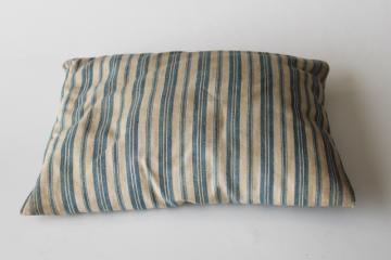 little old feather pillow, wide stripe vintage cotton ticking in browned natural color w/ blue 
