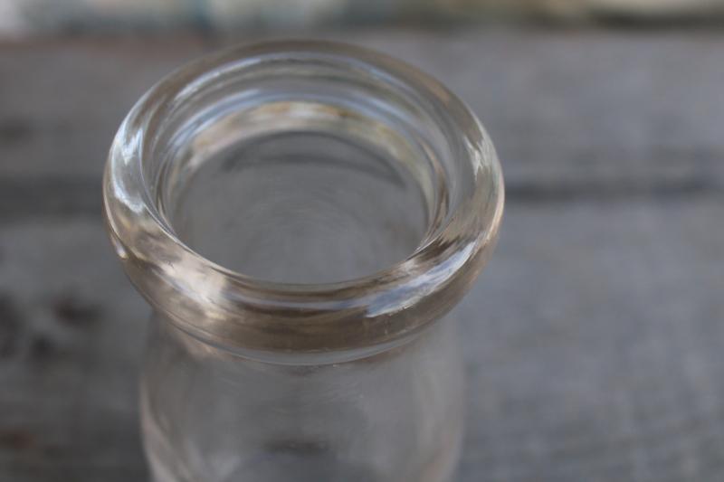 photo of little old glass milk bottle, 1/4 pint size vintage bottle w/ faint pink purple color #4