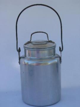 catalog photo of little old metal milk pail w/ lid, vintage dairy farm cream can