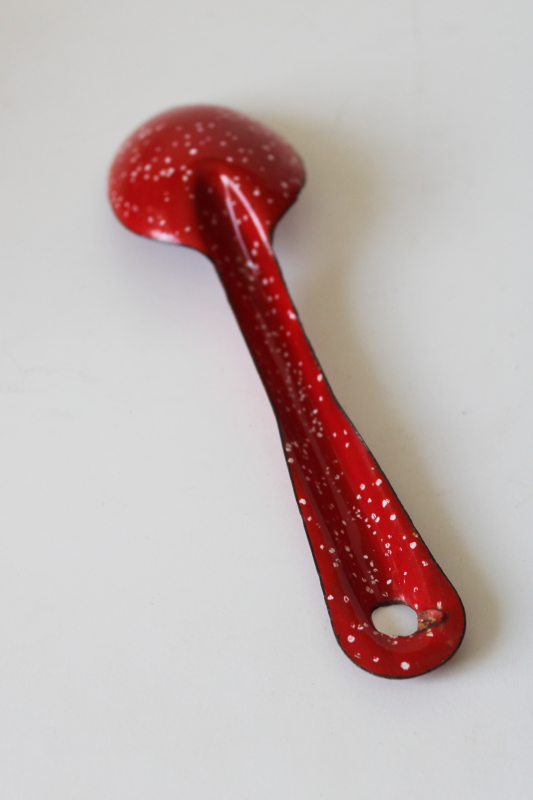photo of little red & white spatter enamelware spoon, western rustic country kitchen decor  #2