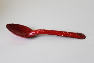 catalog photo of little red & white spatter enamelware spoon, western rustic country kitchen decor 