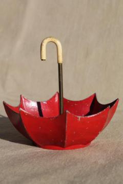 catalog photo of little red umbrella ashtray or catchall dish, painted metal miniature umbrella