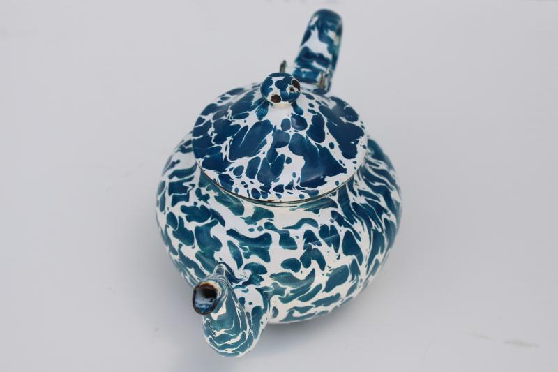 photo of little round enamelware teapot, vintage blue & white splatterware enamel #5