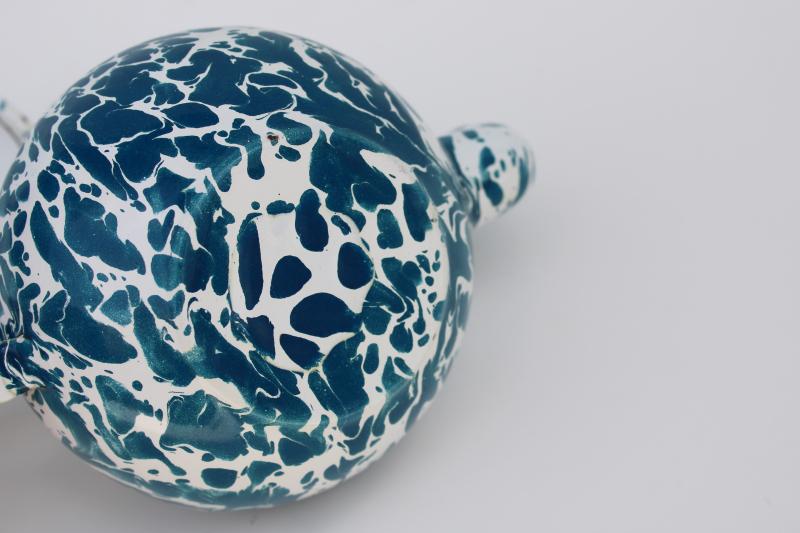 photo of little round enamelware teapot, vintage blue & white splatterware enamel #7