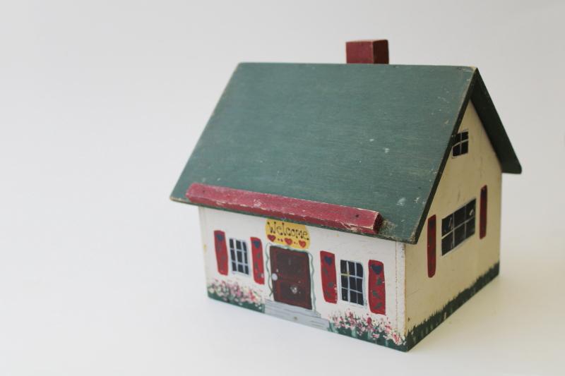 photo of little white cottage vintage hand painted wood recipes box, dollhouse for recipe cards #1