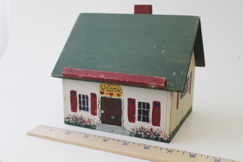 photo of little white cottage vintage hand painted wood recipes box, dollhouse for recipe cards #5