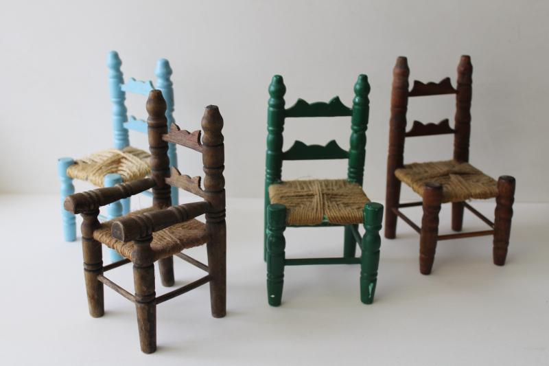 photo of little wooden doll chairs, rustic vintage painted wood w/ woven seats #1