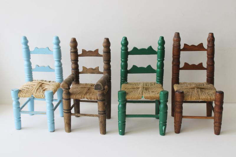 photo of little wooden doll chairs, rustic vintage painted wood w/ woven seats #2