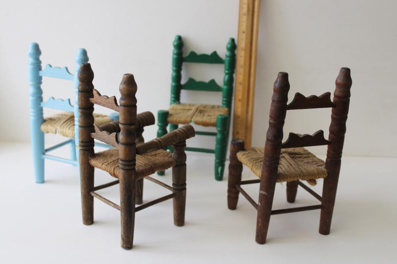 photo of little wooden doll chairs, rustic vintage painted wood w/ woven seats #3