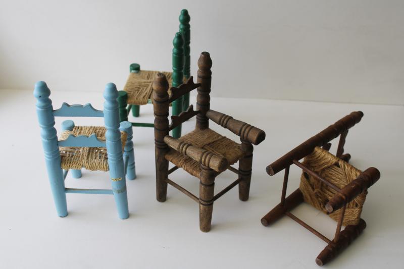 photo of little wooden doll chairs, rustic vintage painted wood w/ woven seats #4