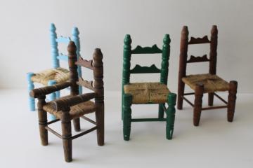 catalog photo of little wooden doll chairs, rustic vintage painted wood w/ woven seats