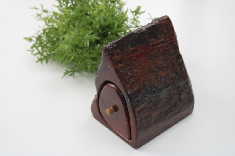 photo of live edge wood log trinket box, woodland gnome home rustic house shape w/ tiny drawer #1