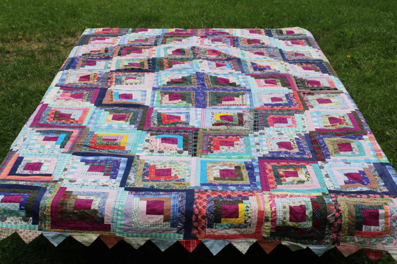 photo of log cabin quilt w/ sawtooth points border, vintage crazy quilt patchwork w/ embroidered backing #1