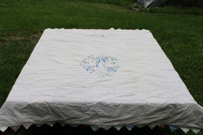 photo of log cabin quilt w/ sawtooth points border, vintage crazy quilt patchwork w/ embroidered backing  #2