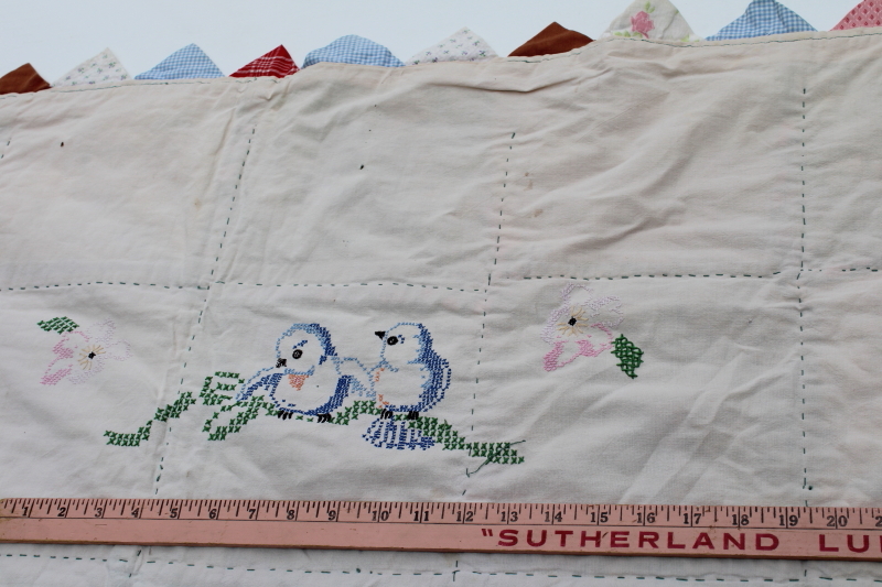 photo of log cabin quilt w/ sawtooth points border, vintage crazy quilt patchwork w/ embroidered backing  #6