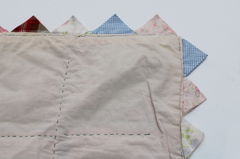 photo of log cabin quilt w/ sawtooth points border, vintage crazy quilt patchwork w/ embroidered backing  #7