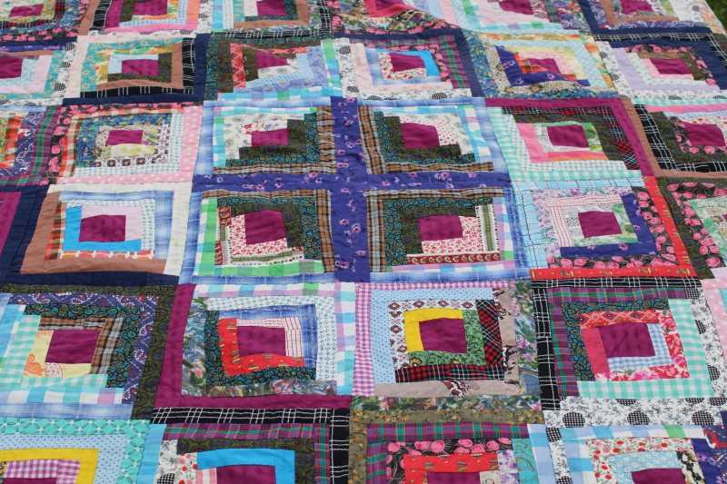 photo of log cabin quilt w/ sawtooth points border, vintage crazy quilt patchwork w/ embroidered backing  #8