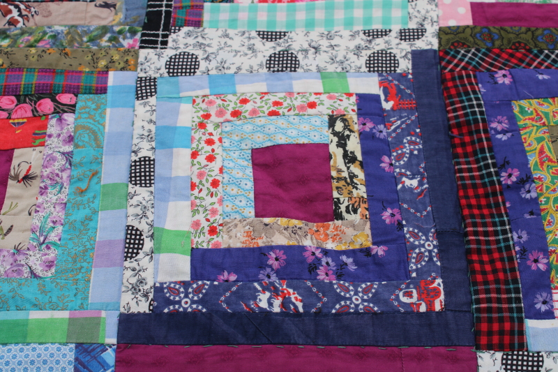 photo of log cabin quilt w/ sawtooth points border, vintage crazy quilt patchwork w/ embroidered backing  #9