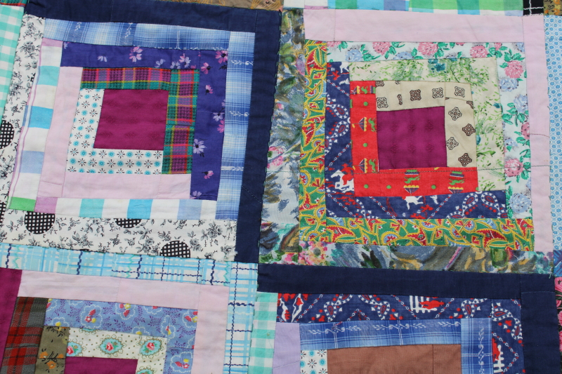 photo of log cabin quilt w/ sawtooth points border, vintage crazy quilt patchwork w/ embroidered backing  #10
