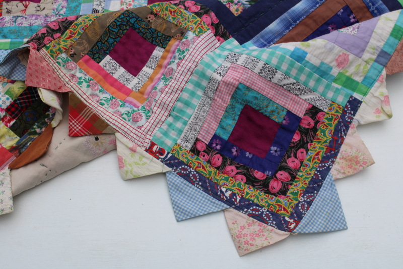 photo of log cabin quilt w/ sawtooth points border, vintage crazy quilt patchwork w/ embroidered backing  #11
