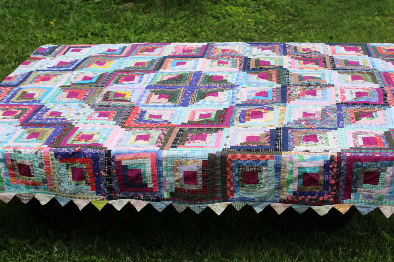 photo of log cabin quilt w/ sawtooth points border, vintage crazy quilt patchwork w/ embroidered backing  #12