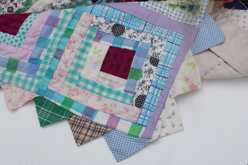photo of log cabin quilt w/ sawtooth points border, vintage crazy quilt patchwork w/ embroidered backing  #13
